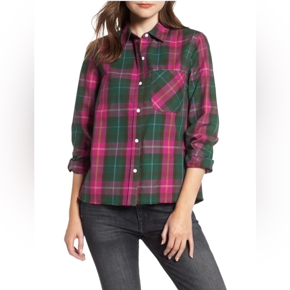 Current/Elliott The Ivie Plaid Button Down Shirt Pink Green Size 3 Small